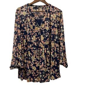 Cocomo Floral Pintucked‎ Mesh Overlay Tunic Top Size 2X Beach Mature